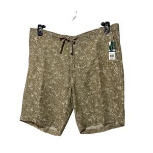 Cubavera Shorts Mens XLarge Beige Linen Blend Flat Front Tropical Leaf Print NWT